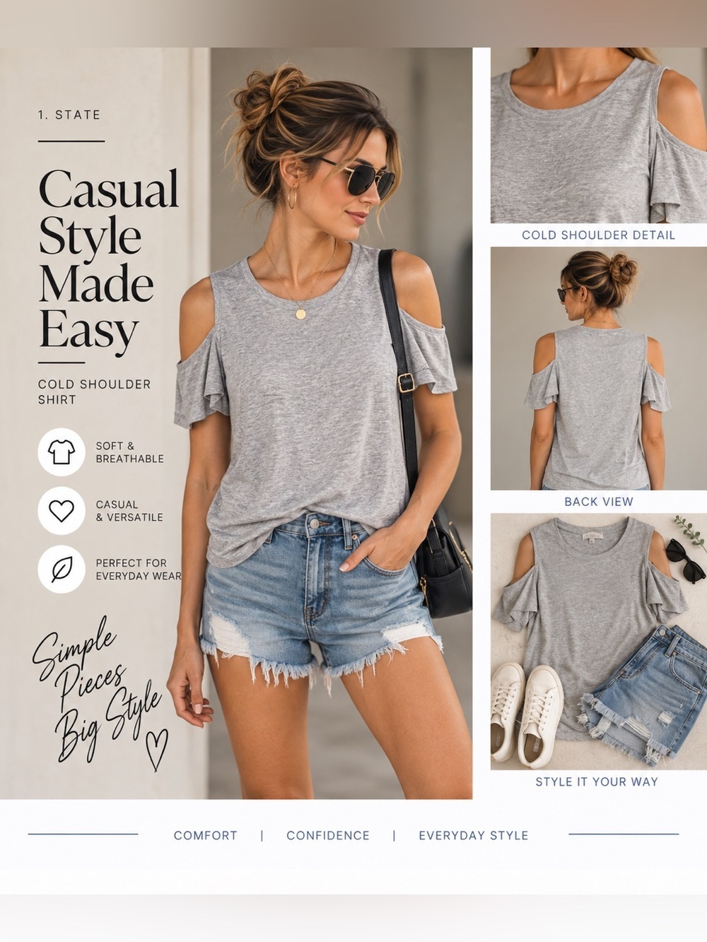 1.State Gray Cold Shoulder Shirt
